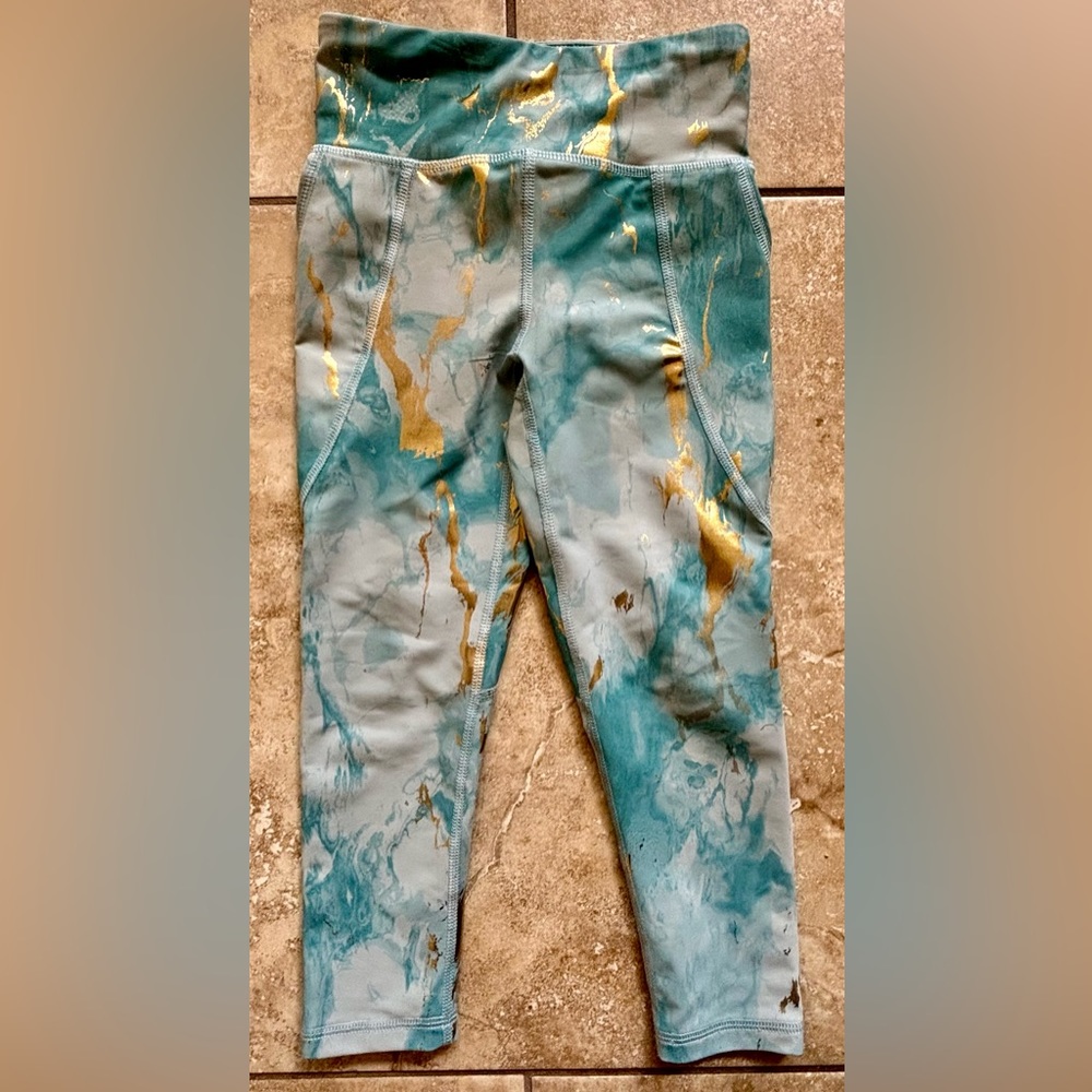 Girls XS Size 5 High Rise Active Leggings Go-Dry Blue Gold